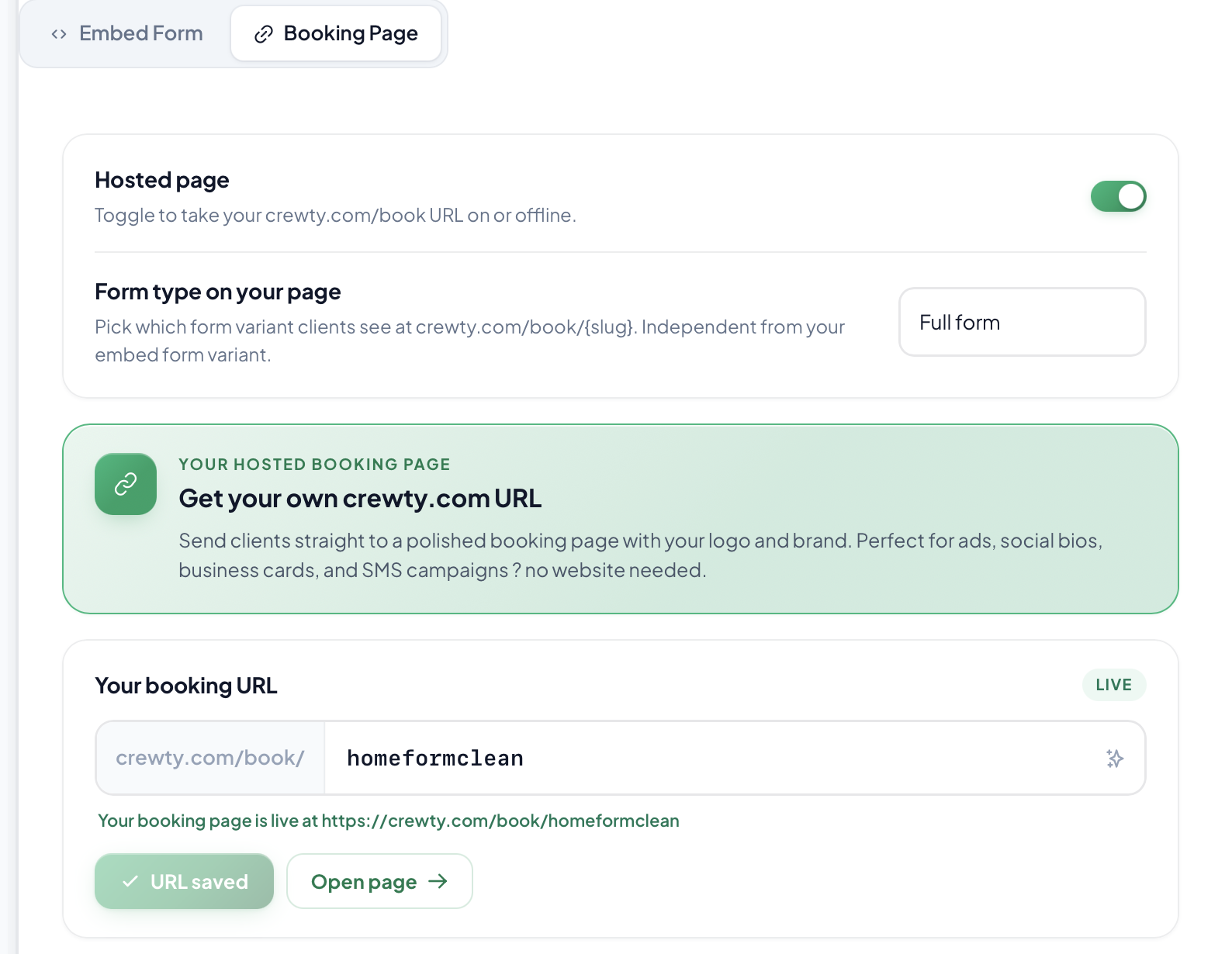 Crewty booking form: service, price, and time picked by a client