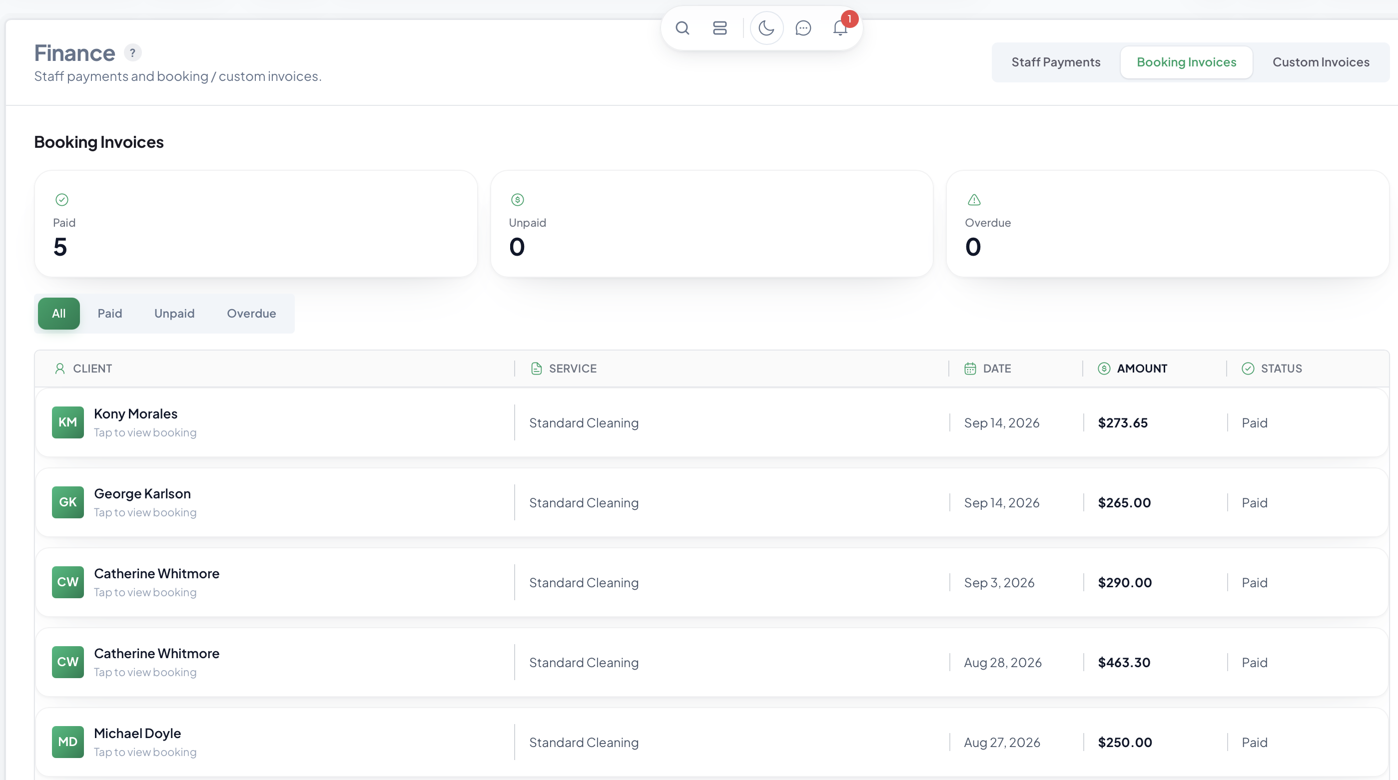 Crewty finance: invoices, payments, and profit by service