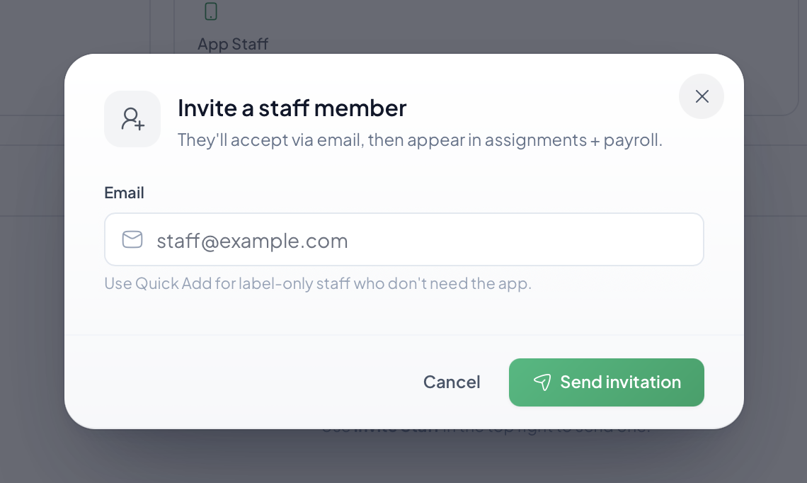 Crewty staff page: availability, tracked hours, and pay