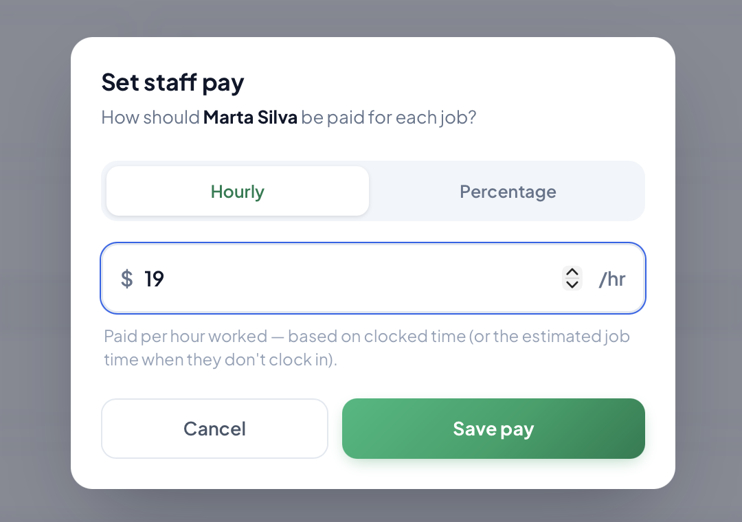 Crewty staff page: availability, tracked hours, and pay