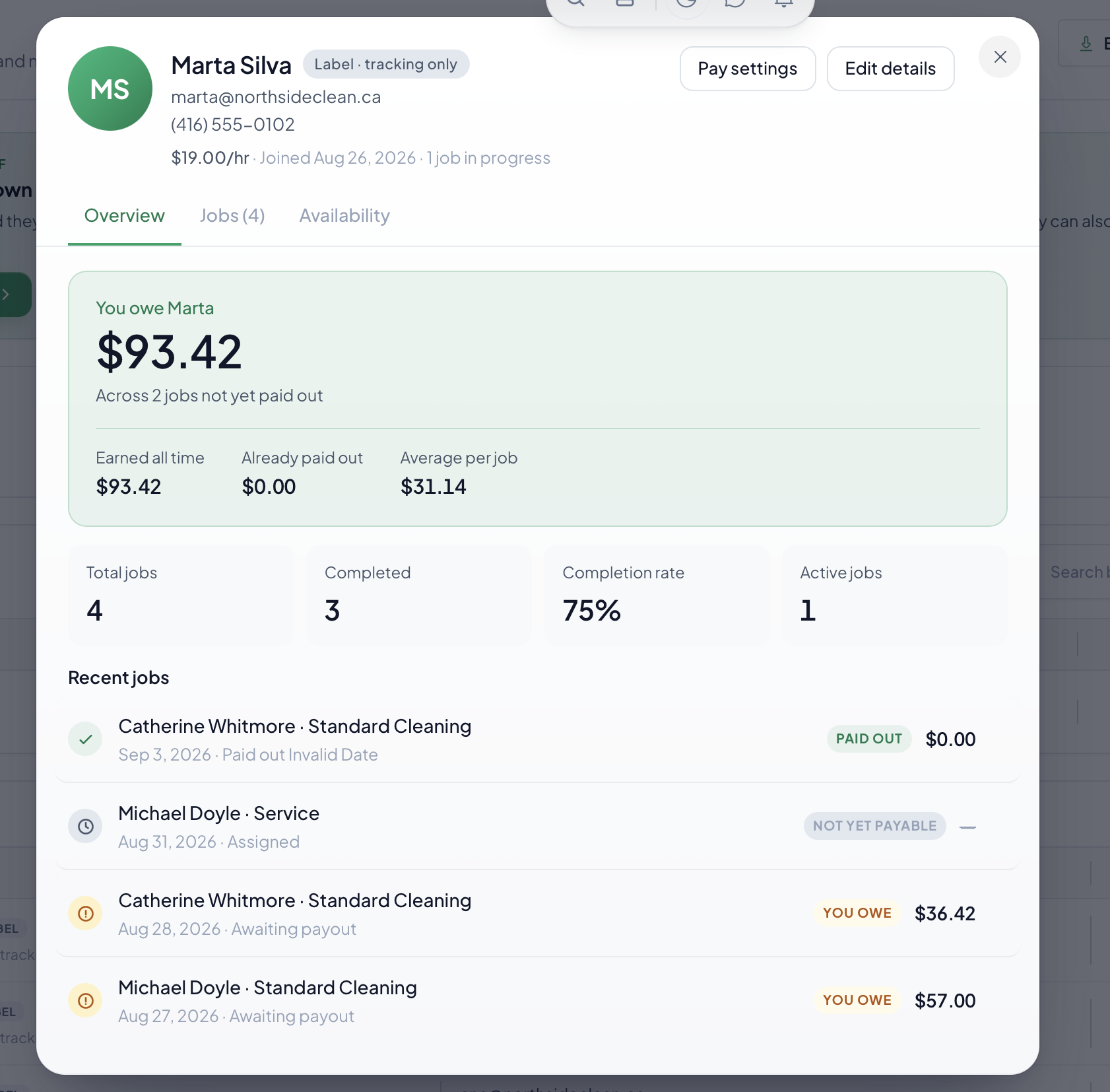 Crewty staff page: availability, tracked hours, and pay