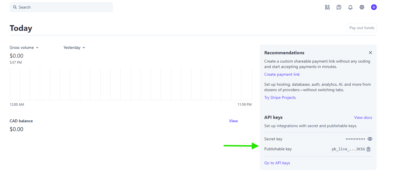 API keys on the Stripe dashboard home page