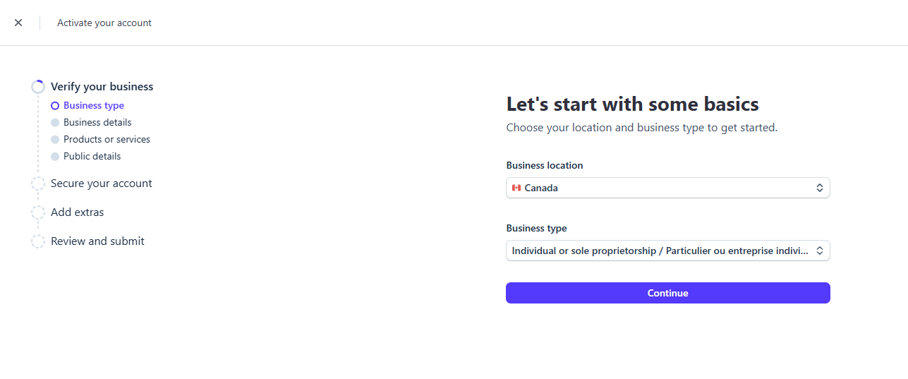 Business type selection in Canada