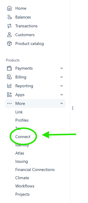 Connect in the Stripe left hand menu
