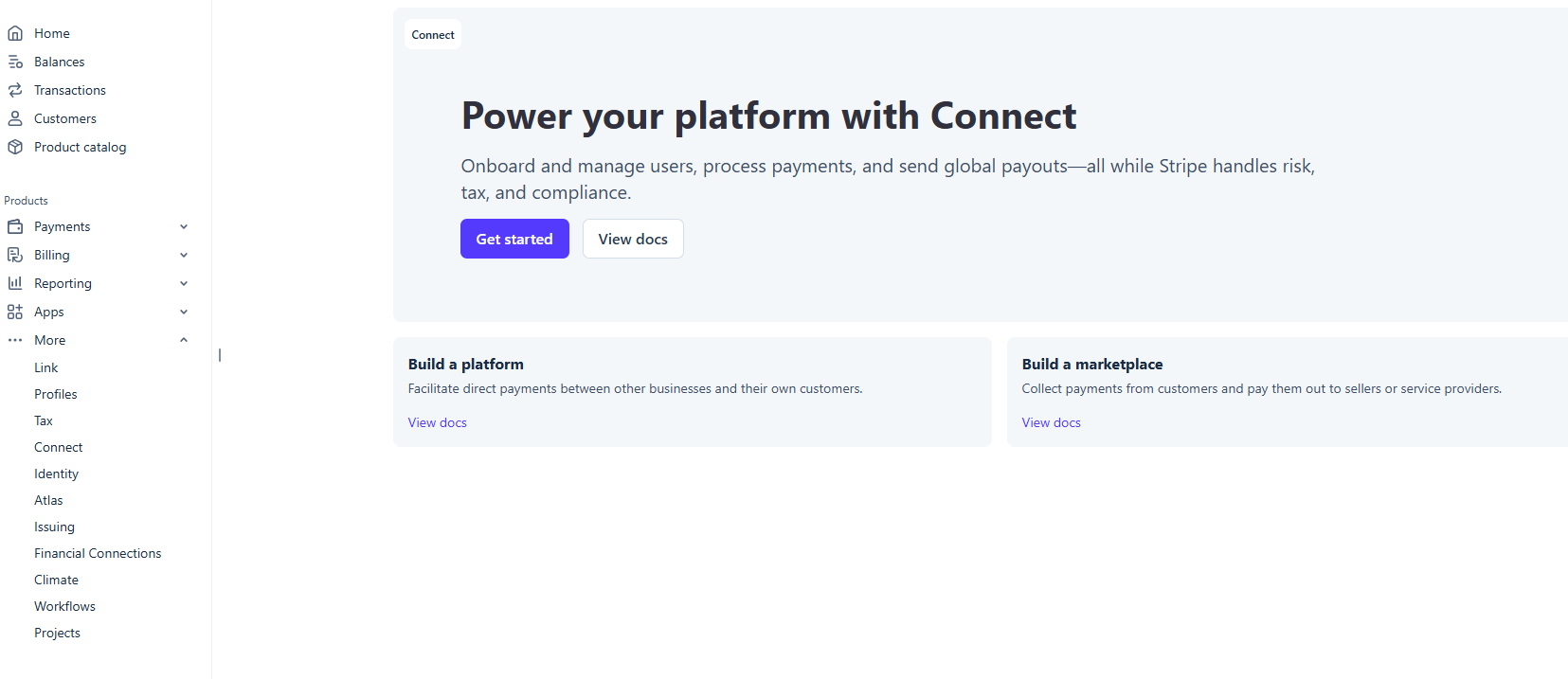 The Stripe Connect overview page