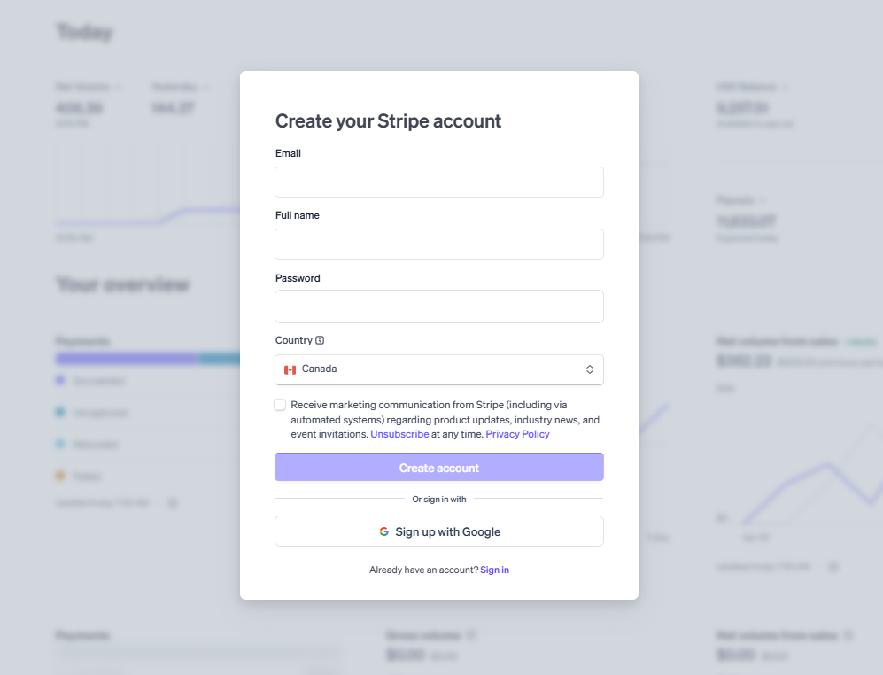 The Stripe create account form