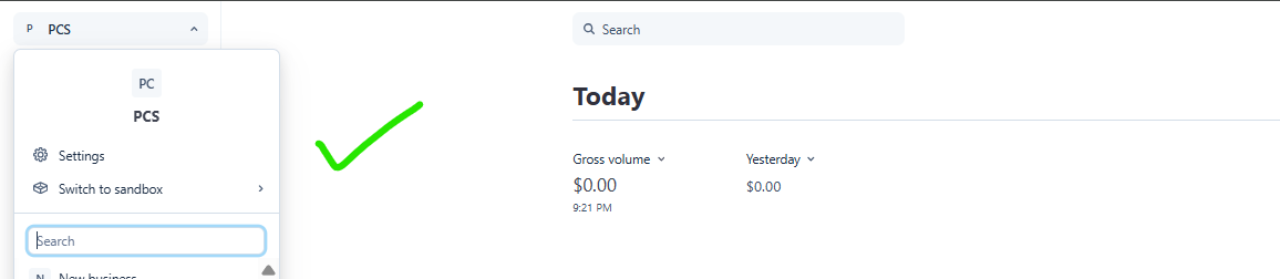 Stripe showing the live account