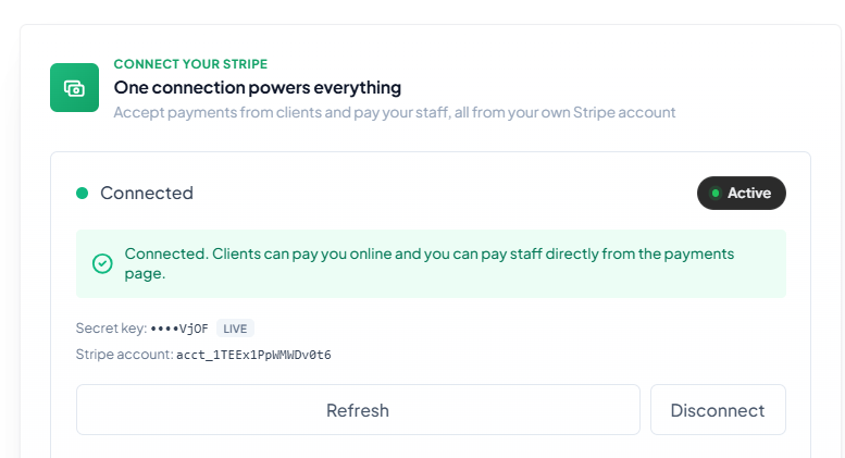 Crewty showing Stripe connected and active